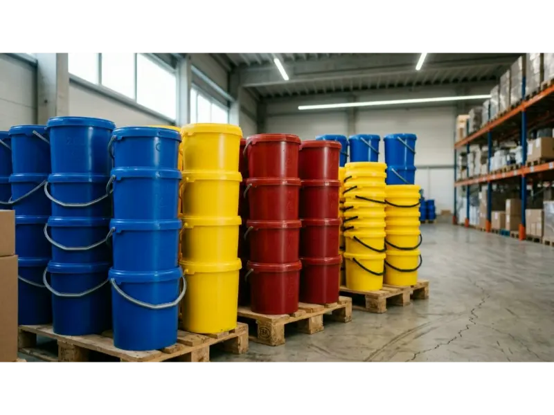 A collection of various sized plastic pails (5L, 10L, 20L) in vibrant colors, featuring CE marks and recycling logos, stacked neatly in a warehouse.